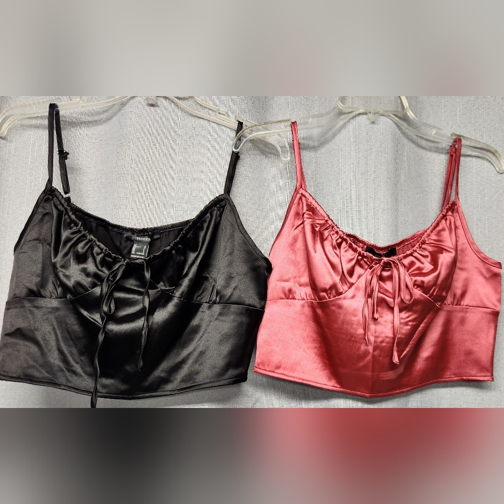 FOREVER 21 - Black and Pink Satin Crop Tops 2pcs - Large